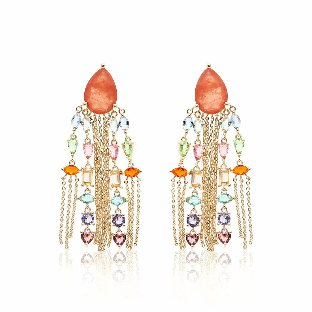 Bright Teardrop & Fringe Earrings with Pondage Fusion, 18K Gold Filled