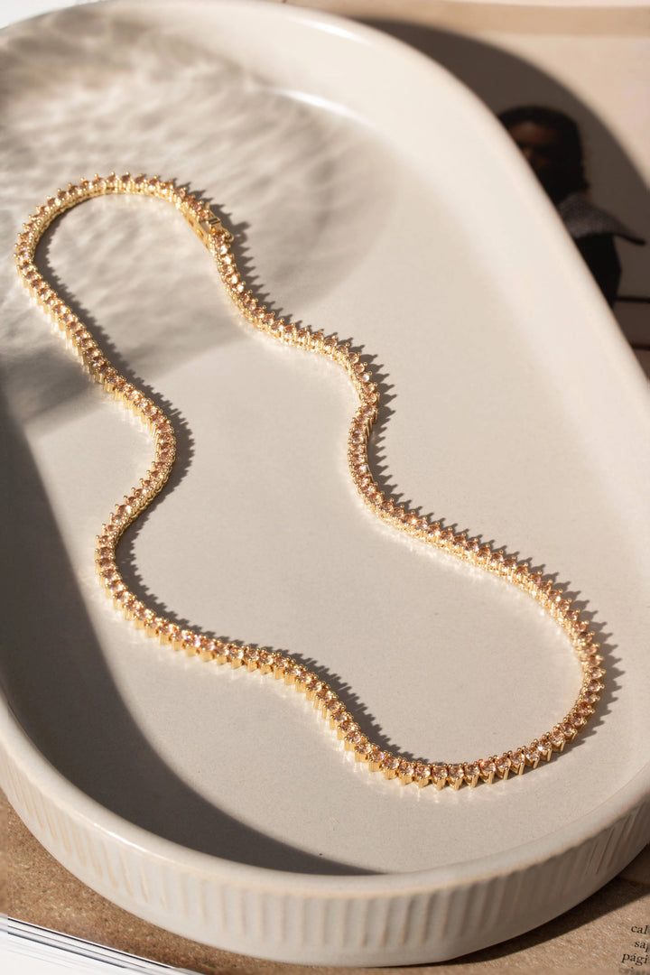 Bright Amber Zirconia Tennis Necklace,18k Gold Filled