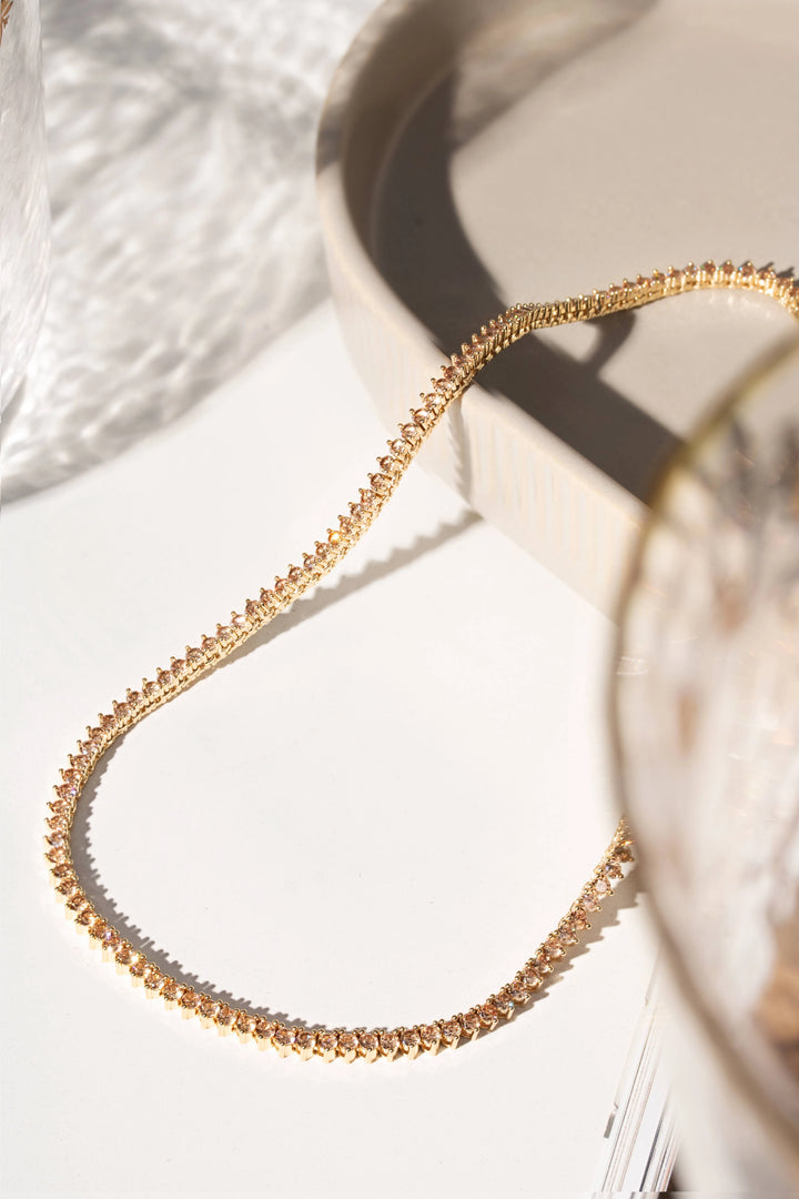 Bright Amber Zirconia Tennis Necklace,18k Gold Filled