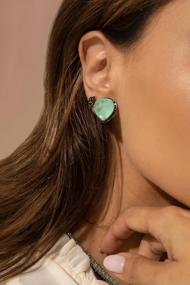 Bright Pear Colombian Emerald Fusion Earrings, Rhodium Plated
