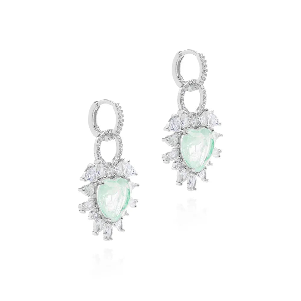 Bright Heart Colombian Emerald Fusion Earrings, Rhodium Plated