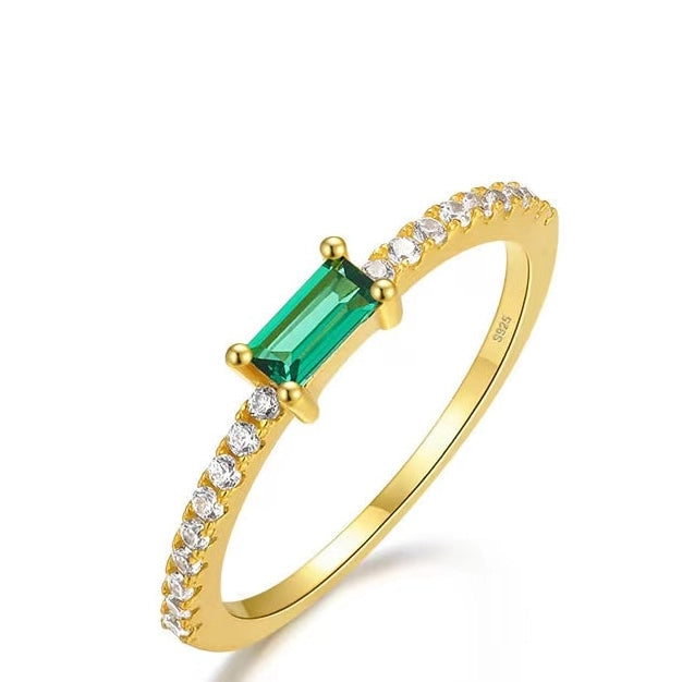 Bright Emerald Crystal Band Ring, 925 Sterling Silver & 18k Gold Plated