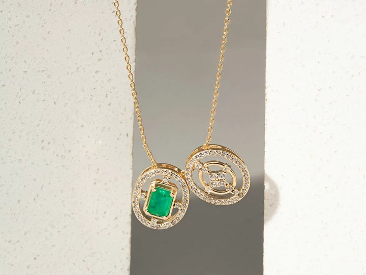 Bright Emerald Crystal Necklace Two Pendants, 18k Gold Filled