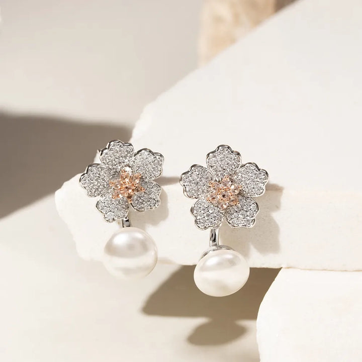 Bright Flower Pearl Morganite Versatile Earring, Rhodium Plated