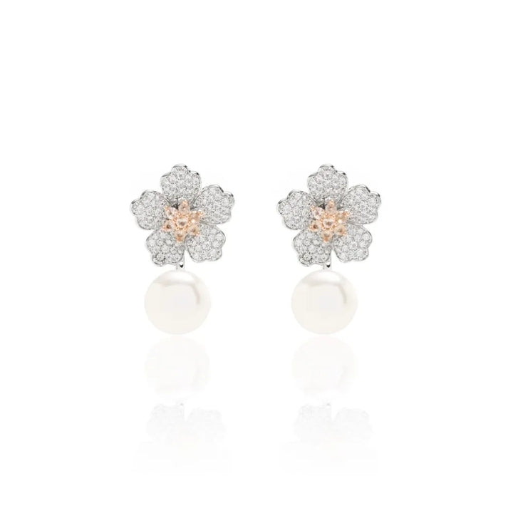 Bright Flower Pearl Morganite Versatile Earring, Rhodium Plated