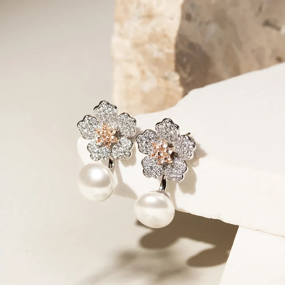 Bright Flower Pearl Morganite Versatile Earring, Rhodium Plated