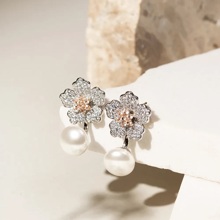 Bright Flower Pearl Morganite Versatile Earring, Rhodium Plated