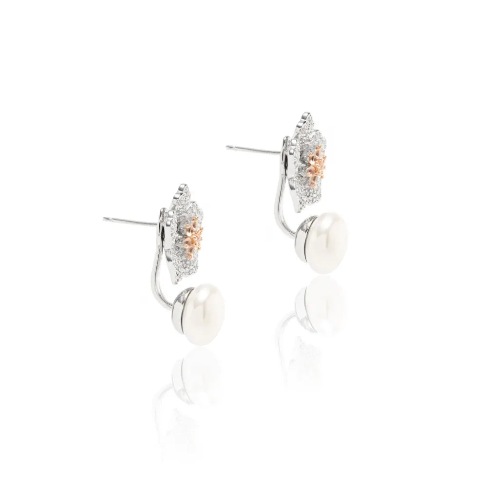 Bright Flower Pearl Morganite Versatile Earring, Rhodium Plated