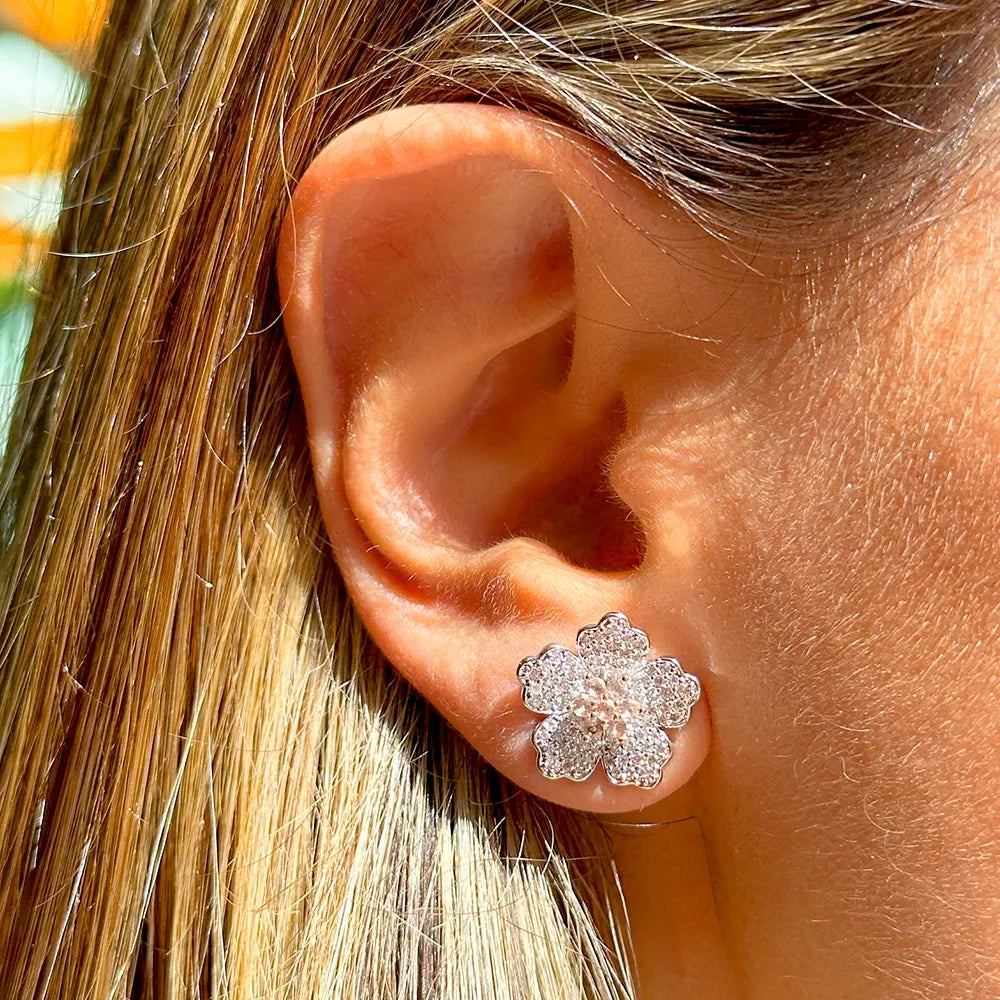 Bright Flower Pearl Morganite Versatile Earring, Rhodium Plated