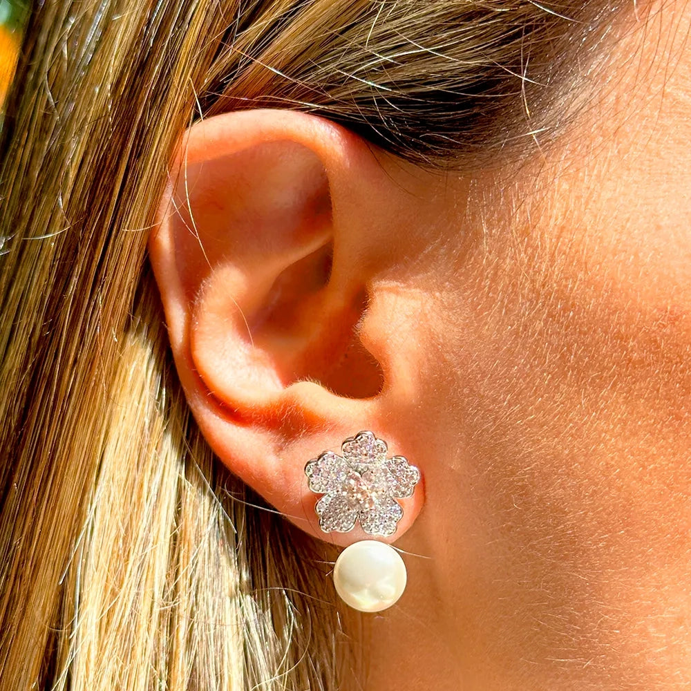 Bright Flower Pearl Morganite Versatile Earring, Rhodium Plated