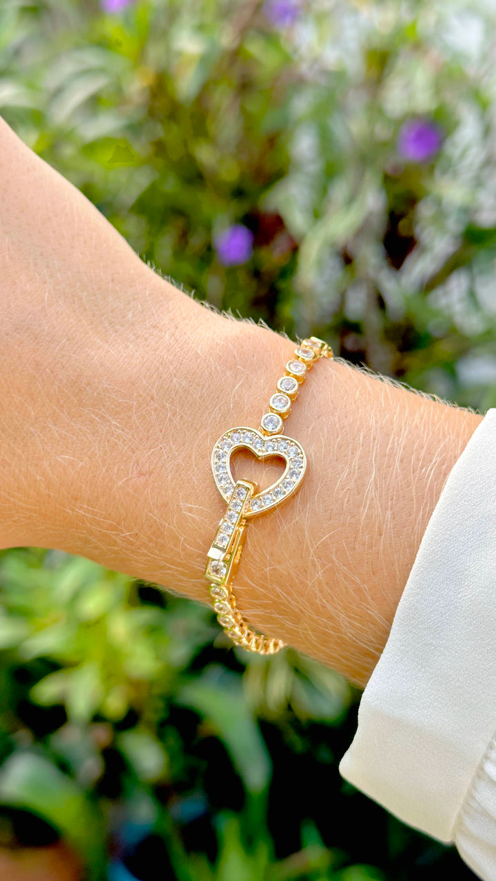 Bright Heart Zirconia Tennis Bracelet, 18k Gold Filled
