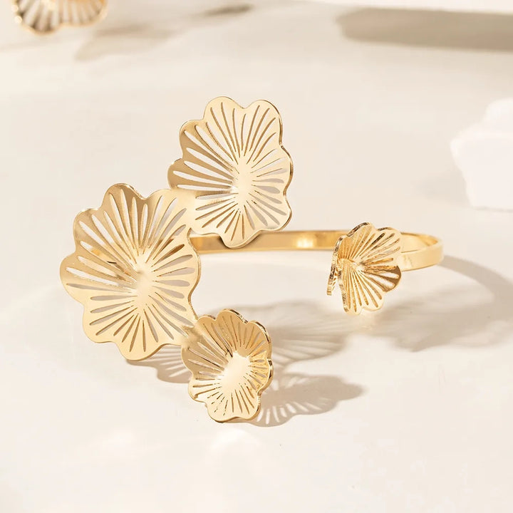Bright Modern Floral Buds Cuff Bracelet, 18k Gold Plated