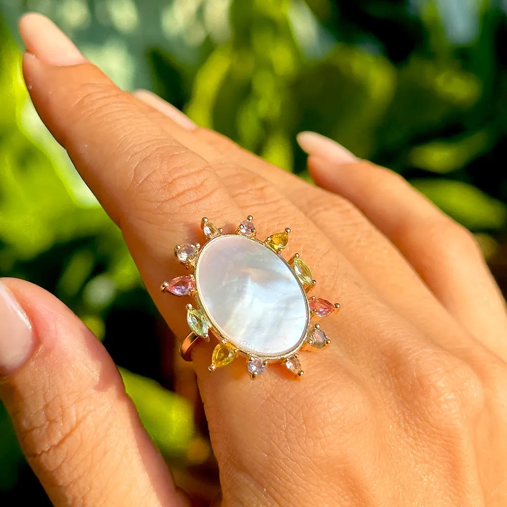 Bright Modern Mother of Pearl Ring,18k Gold Filled