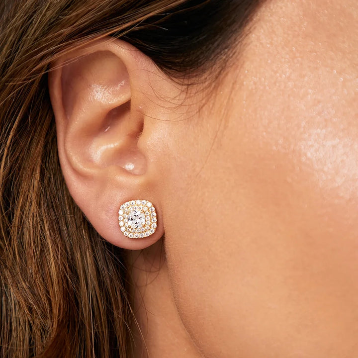 Bright Modern Cushion Cut Stud Earrings, 18k Gold Plated