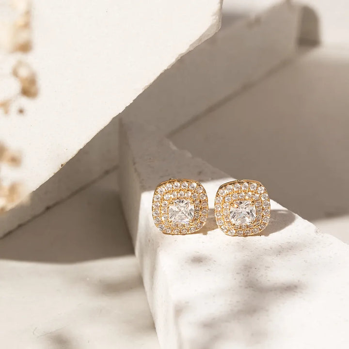 Bright Modern Cushion Cut Stud Earrings, 18k Gold Plated