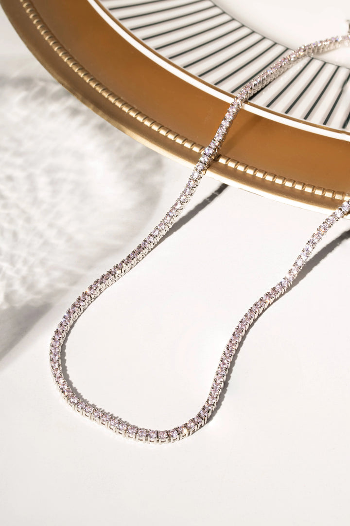 Bright Pink Zirconia Tennis Necklace, Rhodium Plated