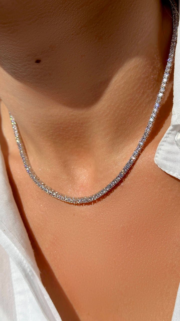 Bright Pink Zirconia Tennis Necklace, Rhodium Plated