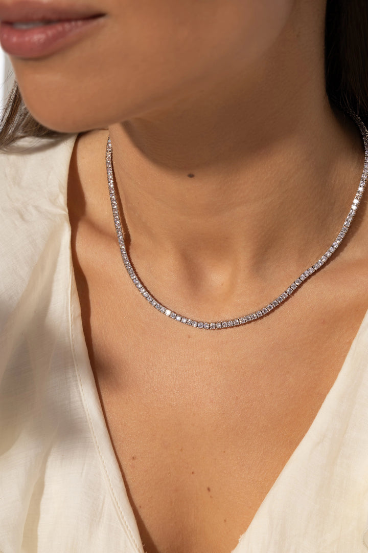 Bright Pink Zirconia Tennis Necklace, Rhodium Plated