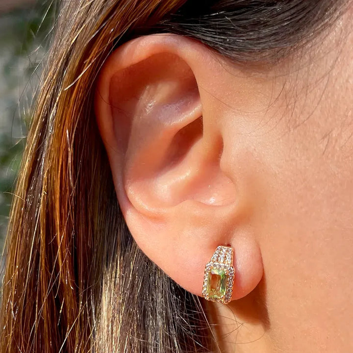 Woman wears Peridot Crystal with White Cubic Zirconia Stud  Earrings, 18k Gold Filled, Elladora Store Australia