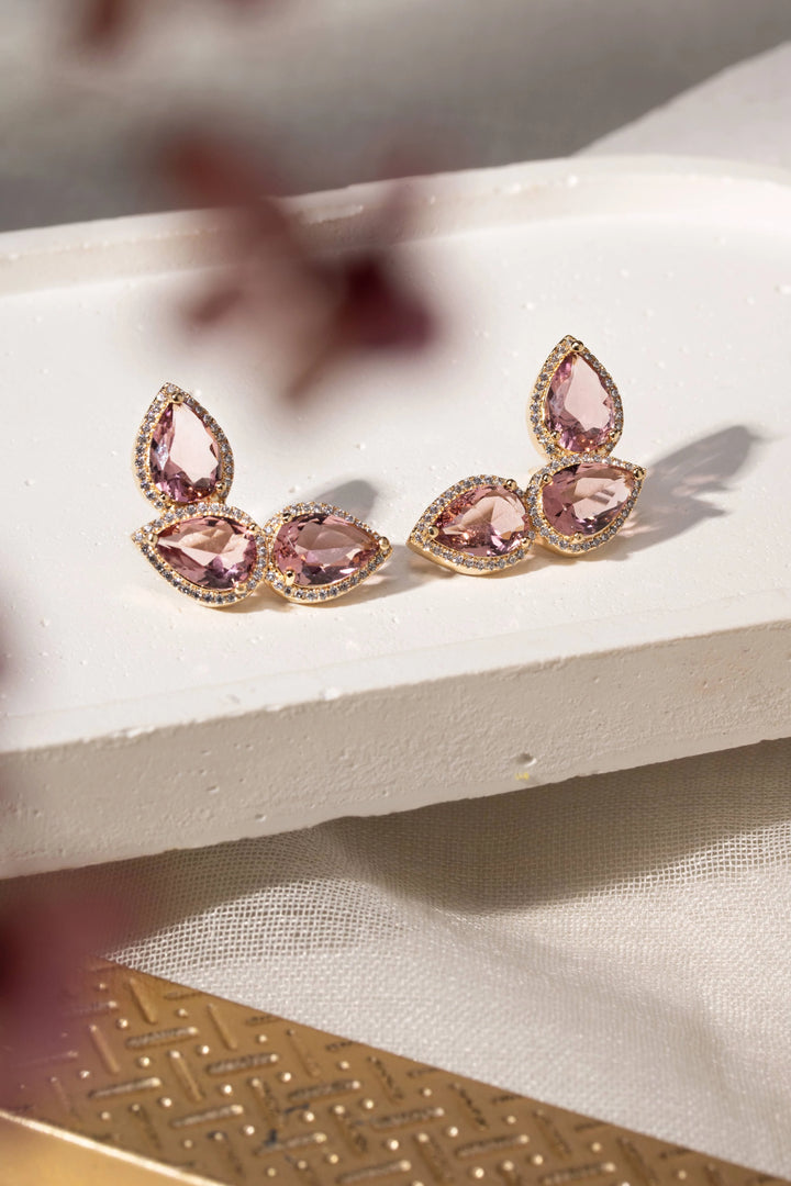 Bright Rhodolite Crystal Teardrop Ear Cuff Earrings, 18k Gold Filled