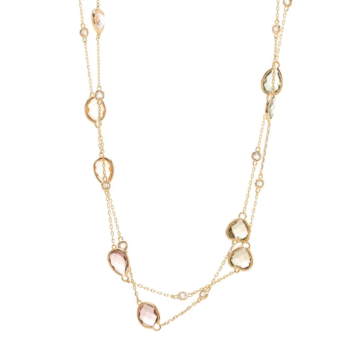 Bright Rhodolite Crystal & Paraiba Crystal Long Necklace, 18k Gold Filled