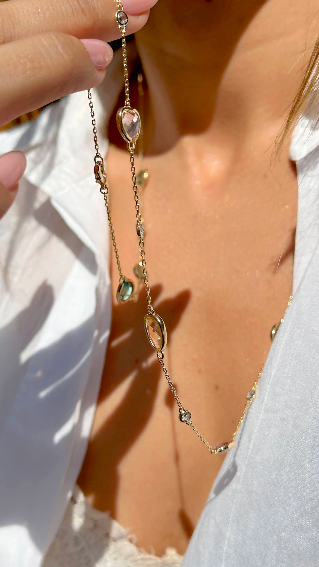 Bright Rhodolite Crystal & Paraiba Crystal Long Necklace, 18k Gold Filled