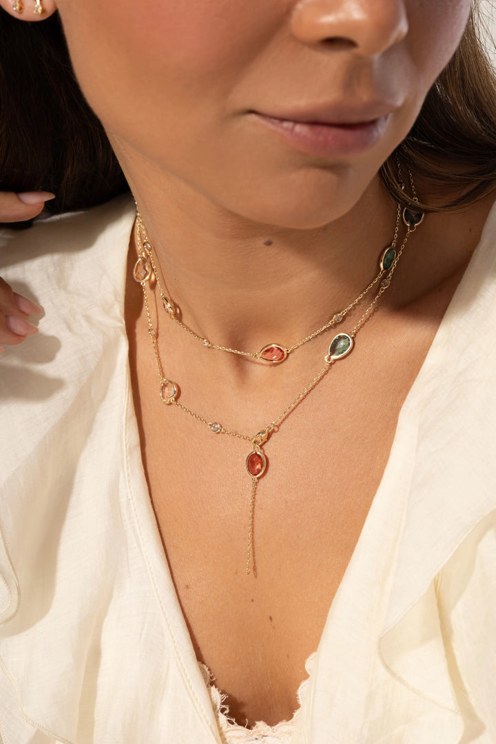 Bright Rhodolite Crystal & Paraiba Crystal Long Necklace, 18k Gold Filled