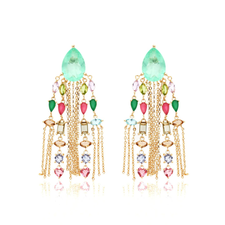 Bright Teardrop & Fringe Colombian Emerald Fusion Earrings,18k Gold Filled