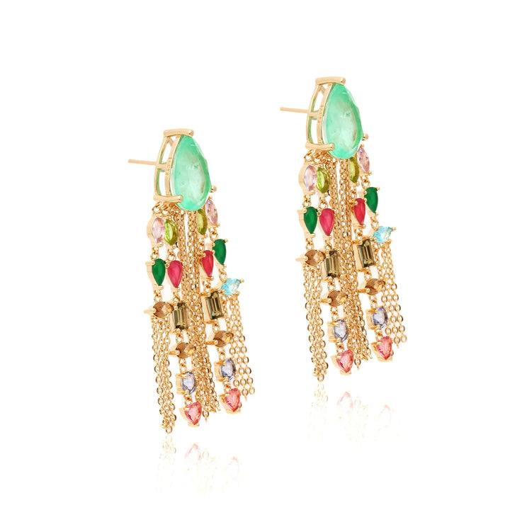 Bright Teardrop & Fringe Colombian Emerald Fusion Earrings,18k Gold Filled
