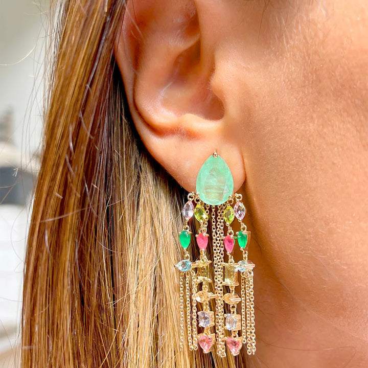 Bright Teardrop & Fringe Colombian Emerald Fusion Earrings,18k Gold Filled