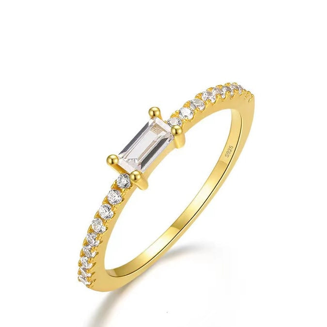 Bright White Crystal Band Ring, 925 Sterling Silver & 18k Gold Plated