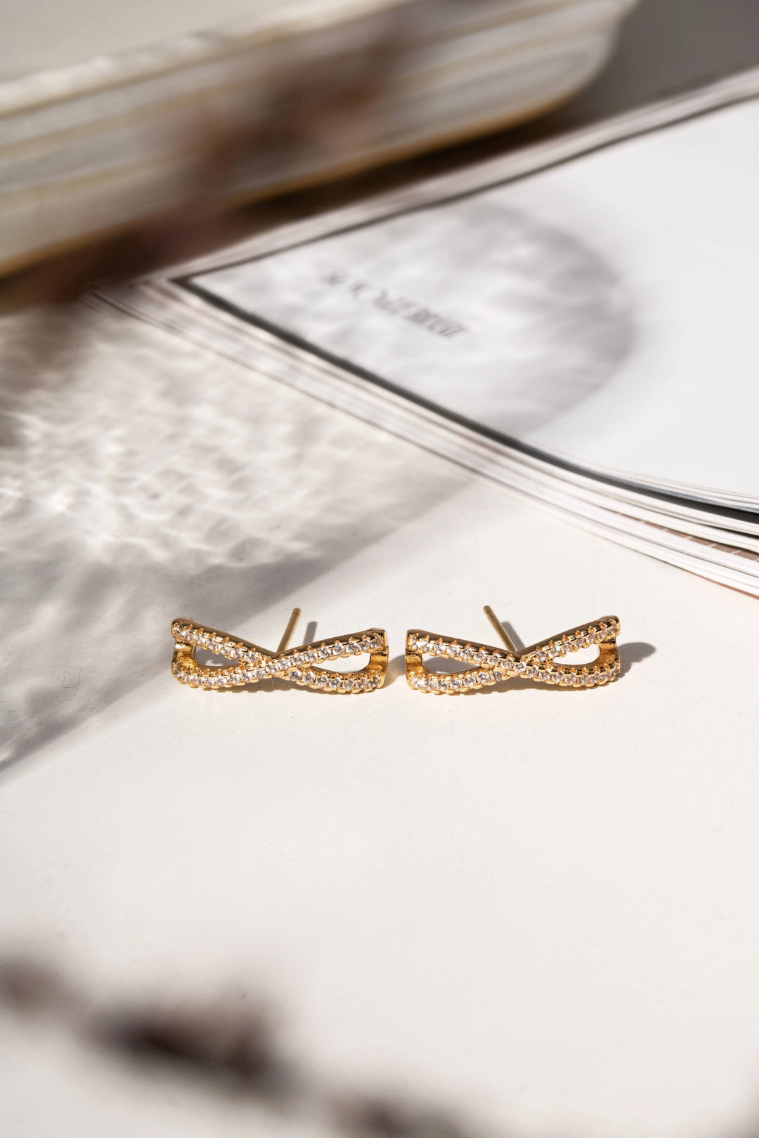 Bright White Zirconia Crossed Ear Hook Earrings, 18k Gold Filled