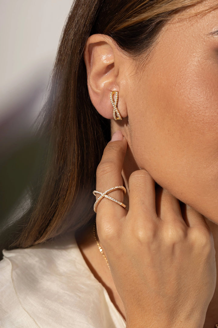 Bright White Zirconia Crossed Ear Hook Earrings, 18k Gold Filled