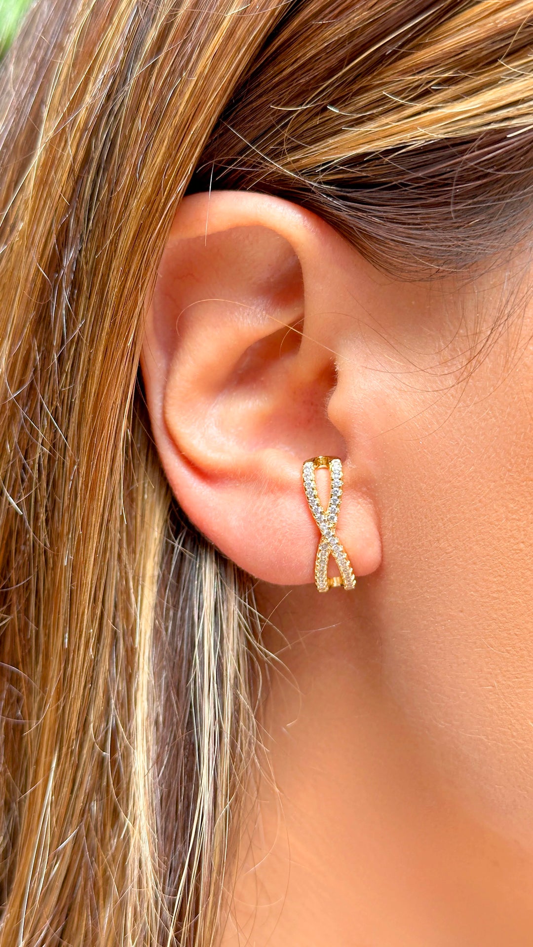 Bright White Zirconia Crossed Ear Hook Earrings, 18k Gold Filled