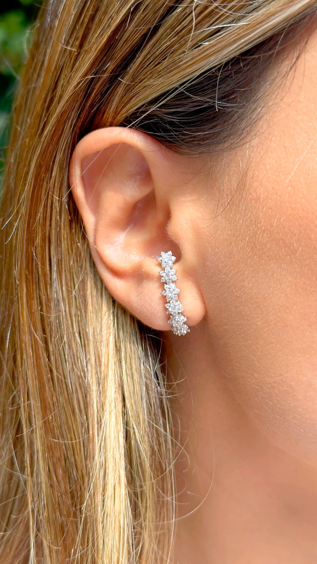 Woman wears Flowers Ear Hook Earrings with 925 Sterling Silver Elladora Store Australia