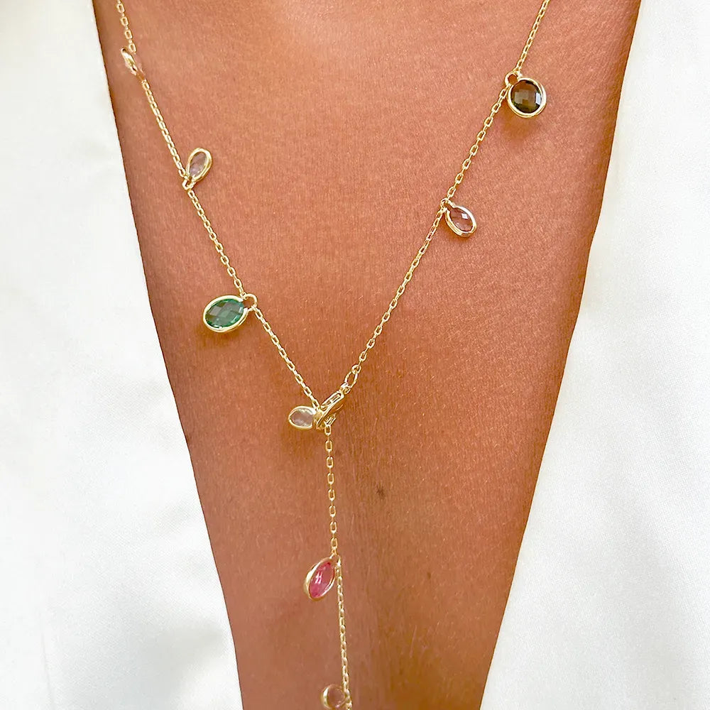 Woman wears Bright Oval Multicolour Crystals Long Necklace, 18k Gold Filled Elladora Store Australia