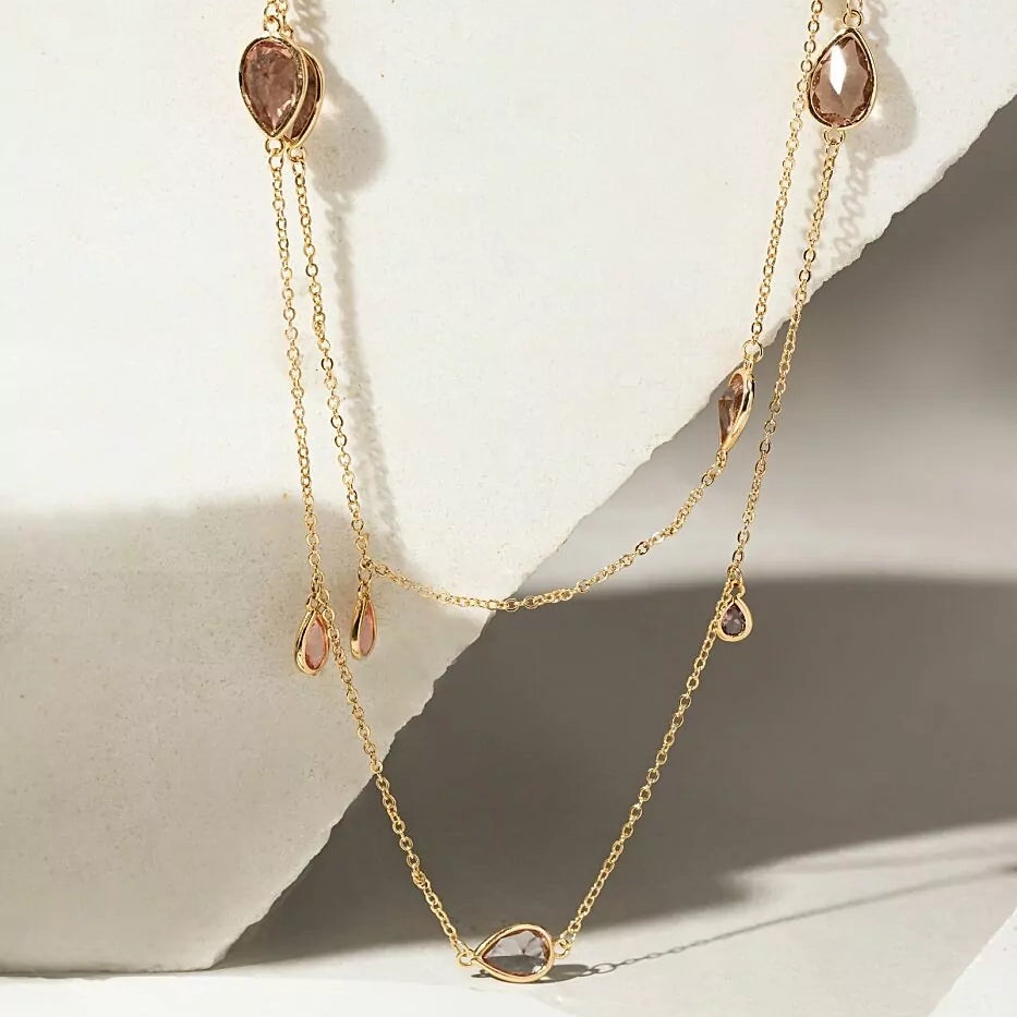 Bright Rhodolite Tear Drop Long Necklace, 18k Gold Filled