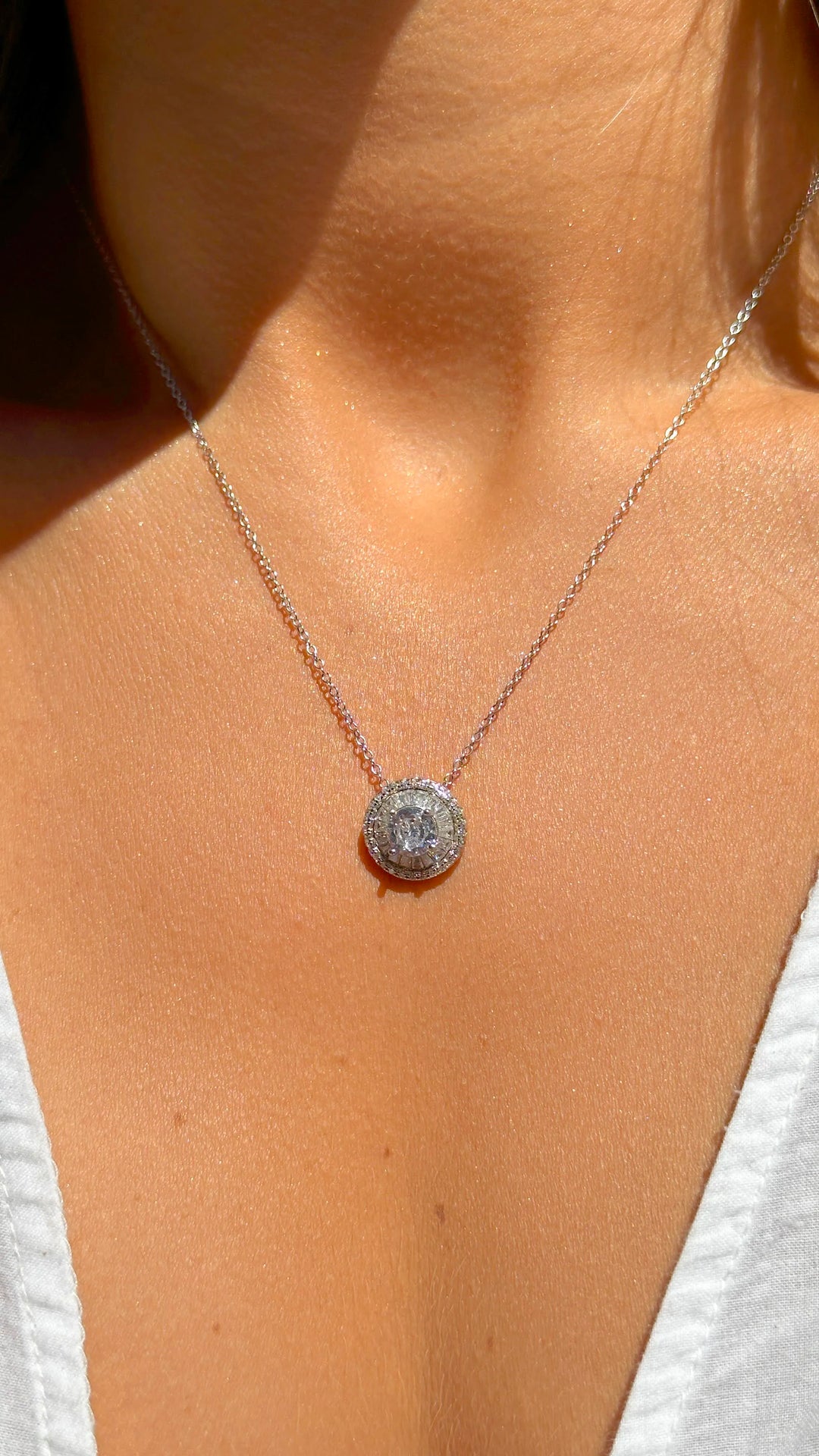 Woman wears Bright Round White Crystal Pendant Necklace, 925 Sterling Silver Elladora Store Australia