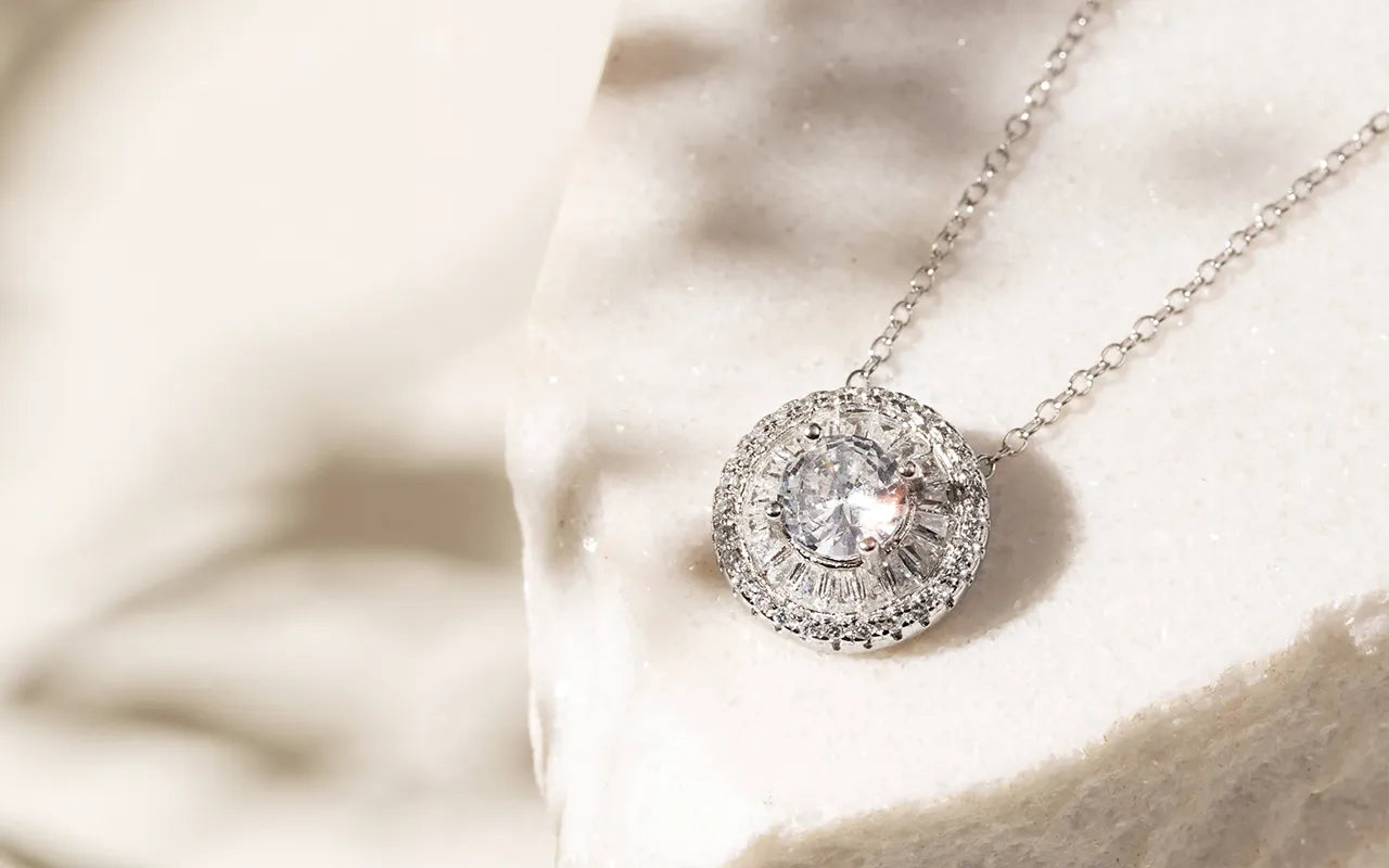 Bright Round White Crystal Pendant Necklace, 925 Sterling Silver Elladora Store Australia