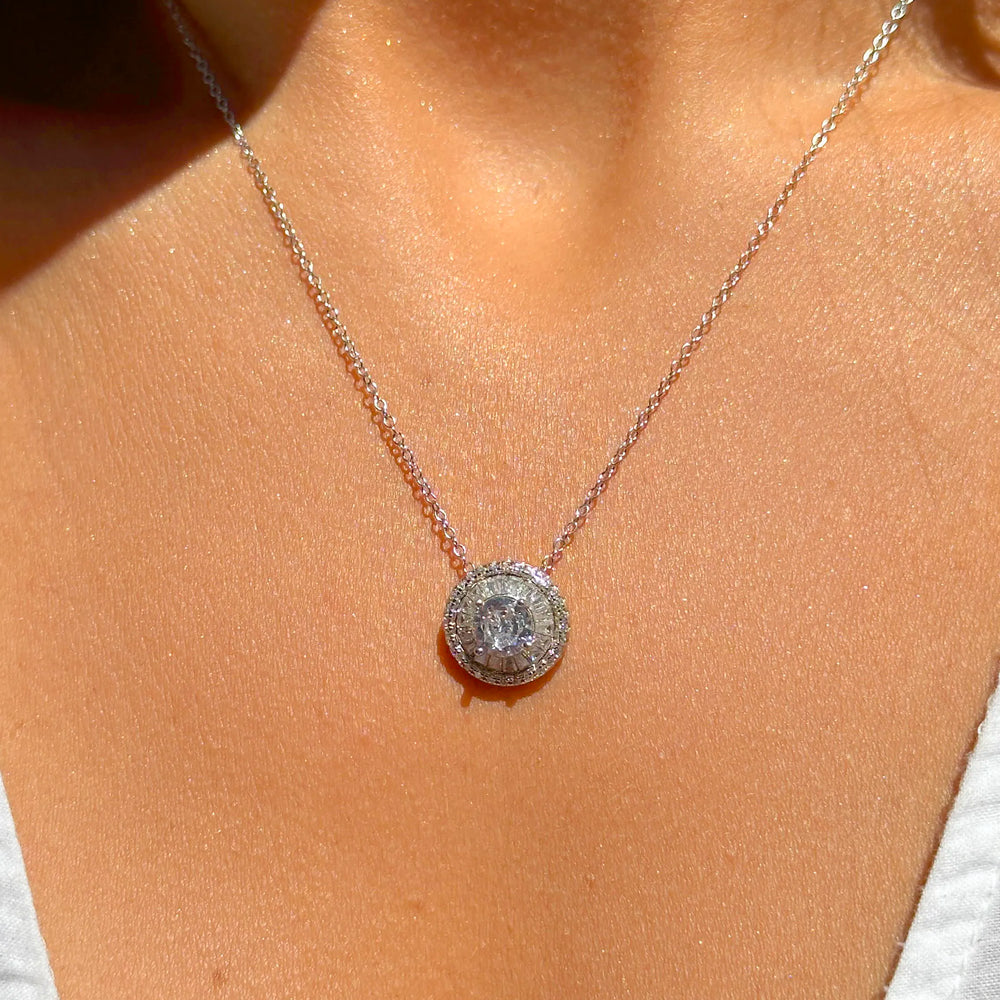 Woman wears Bright Round White Crystal Pendant Necklace, 925 Sterling Silver Elladora Store Australia