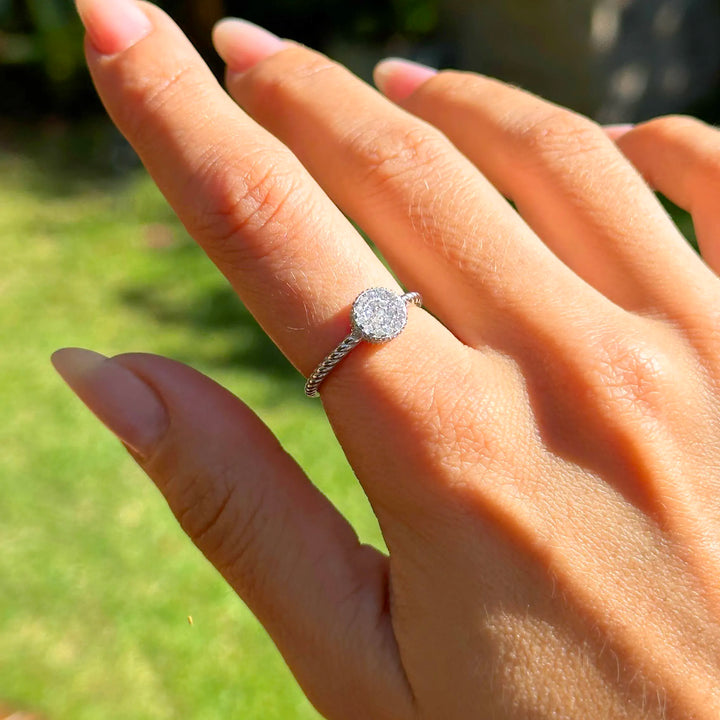Woman wears Bright Round with White Zirconia Solitaire Ring, 925 Sterling Silver Elladora Store Australia