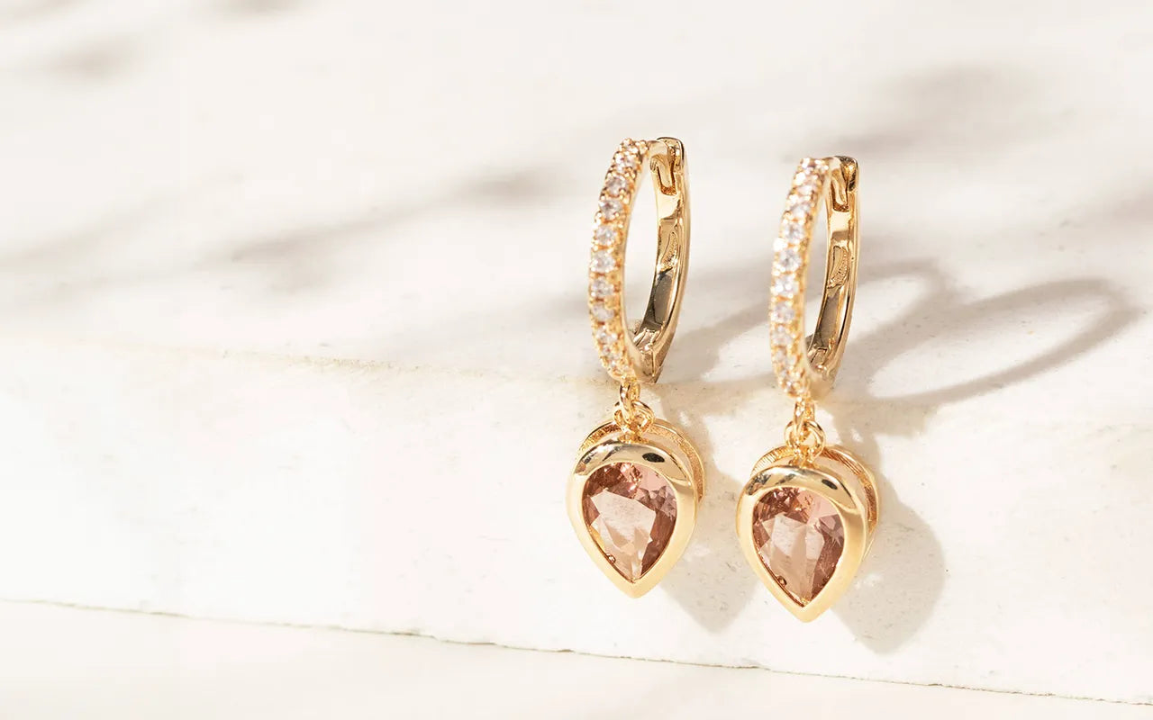 Smokey Topaz teardrop huggie earrings with white cubic zirconia 18k gold filled Elladora Store Australia