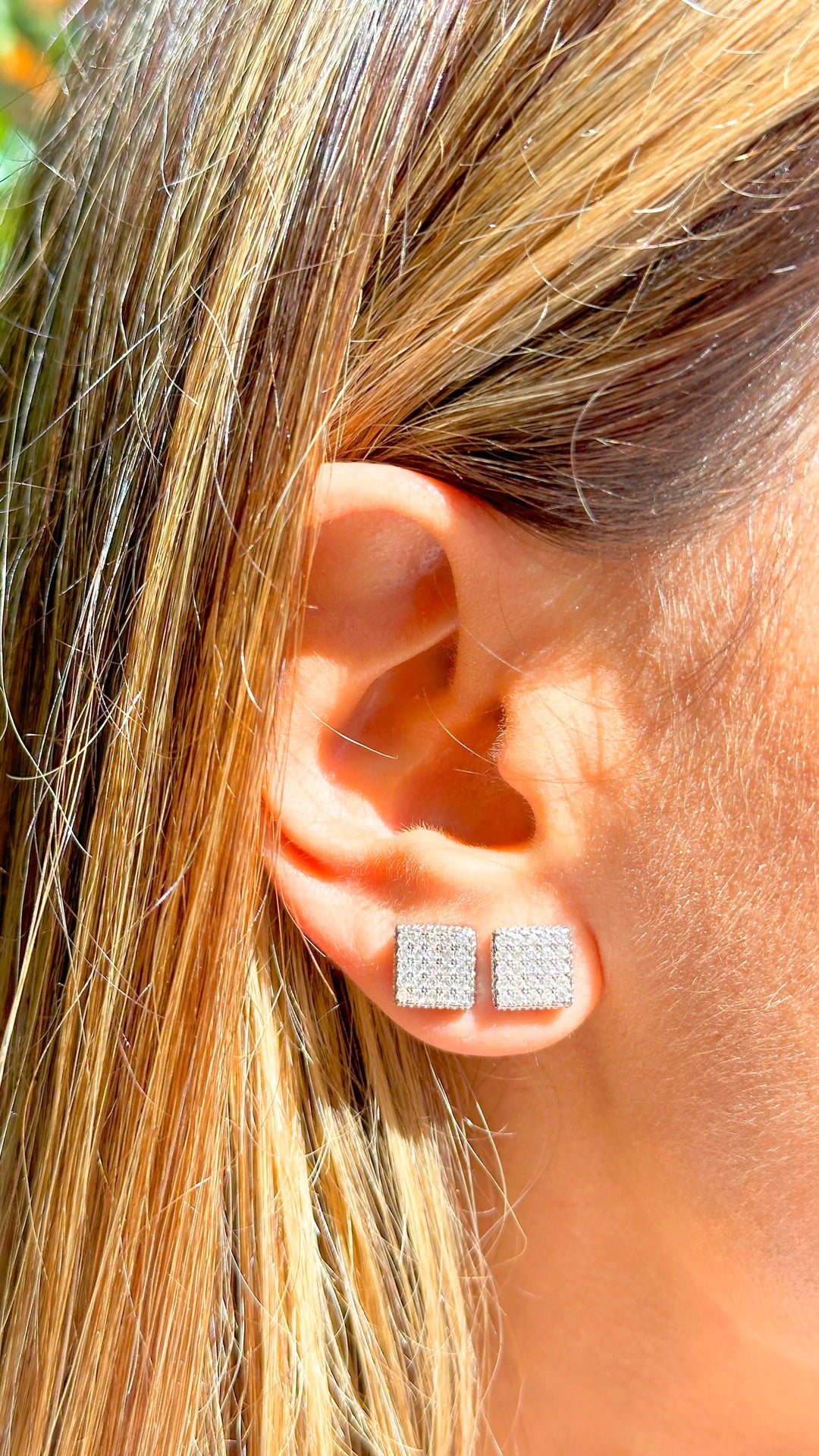 Woman wears Bright Square with white Cubic Zirconia Stud Earrings, 925 Sterling Silver Elladora Store Australia