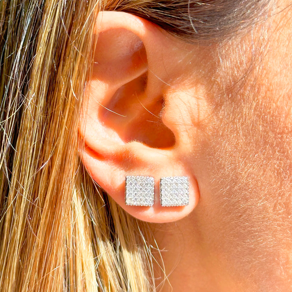 Woman wears Bright Square with white Cubic Zirconia Stud Earrings, 925 Sterling Silver Elladora Store Australia