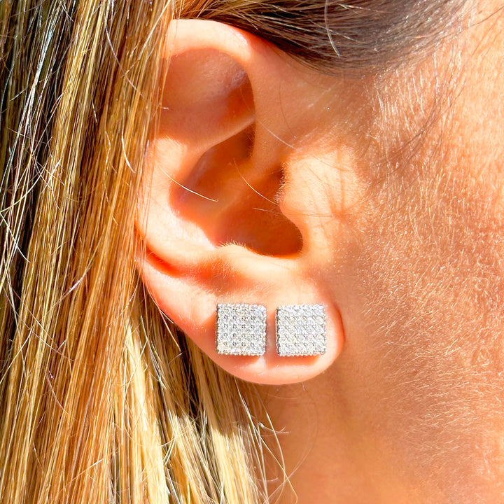 Woman wears Bright Square with white Cubic Zirconia Stud Earrings, 925 Sterling Silver Elladora Store Australia