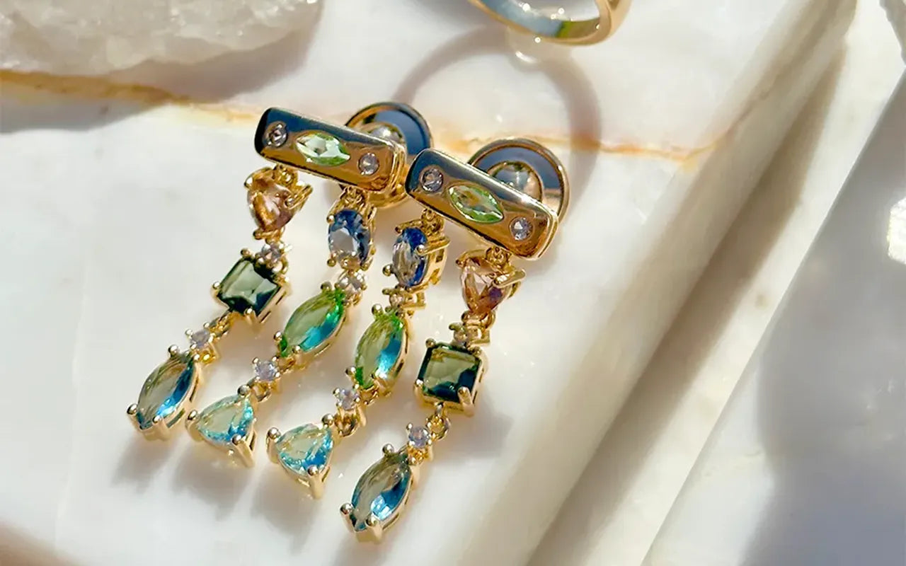 Topaz, Paraiba & Morganite Shapes Crystal Statement Earrings, 18k Gold Filled Elladora Store Australia