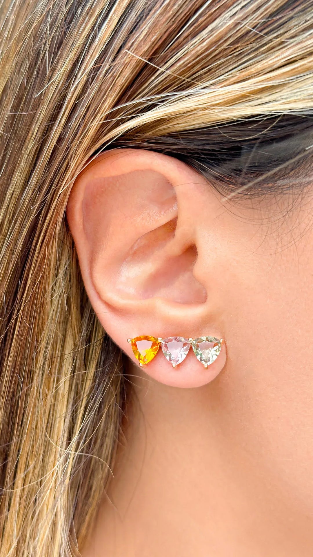 Woman wears Triangle Peridot, Amethyst and Citrine Crystals Ear Cuff Earrings 18k gold filled Elladora Store Australia