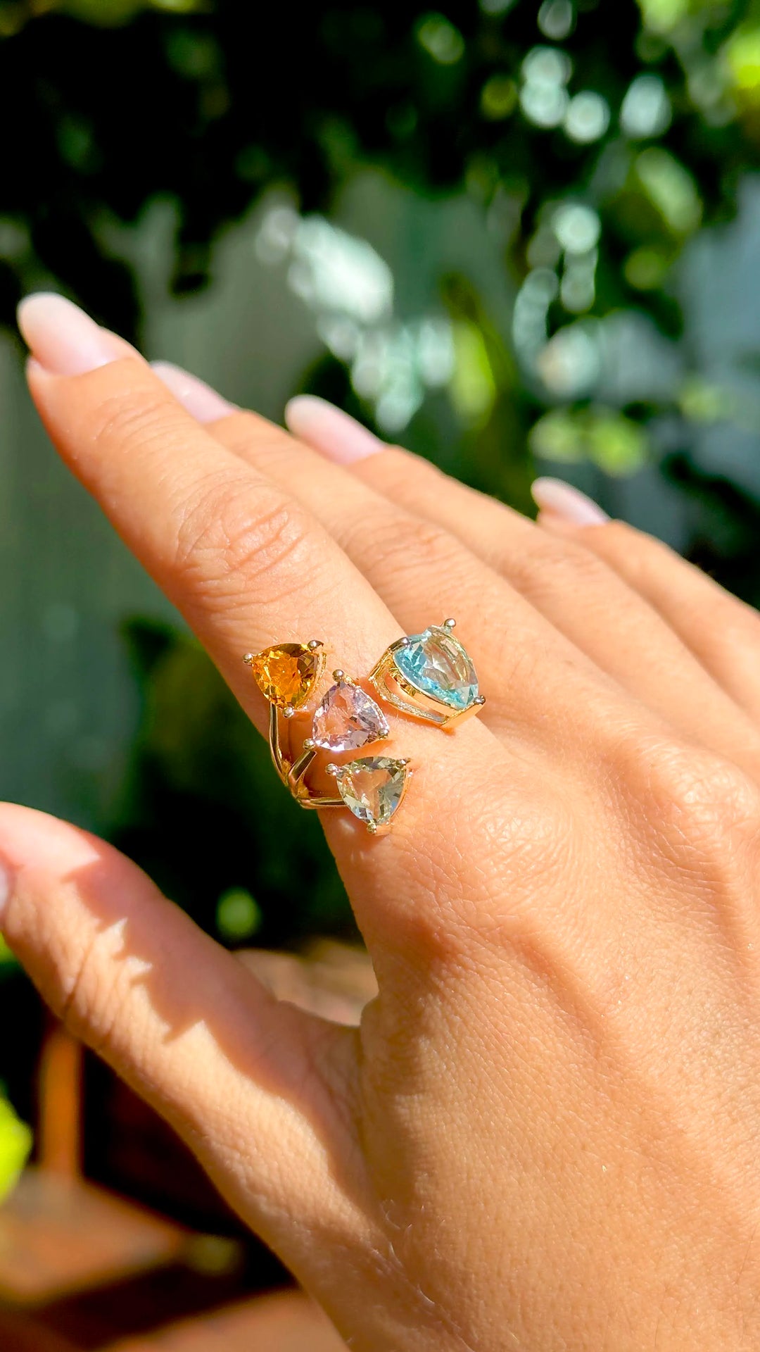Woman wears Peridot, Amethyst & Citrine Crystals statement ring 18k gold filled Elladora Store Australia