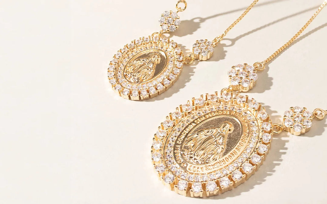 Classic Mary Miraculous medal necklace with white cubic zirconia 18k Gold plated Elladora Store Australia