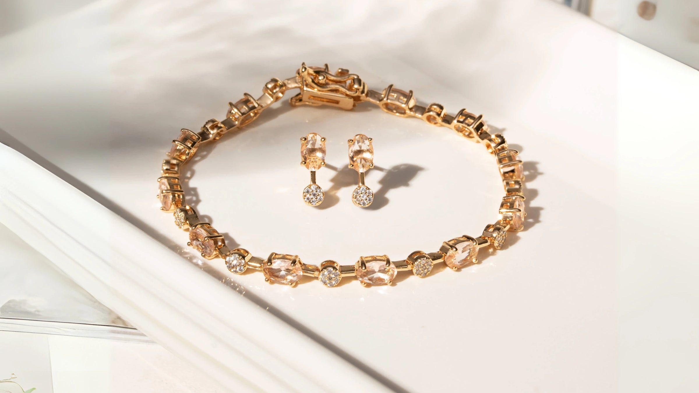 Elegant morganite tennis bracelet and stud earrings
